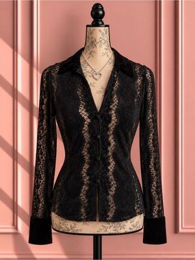 Zara Black Velvet And Lace Button Up Collared Blouse Size S